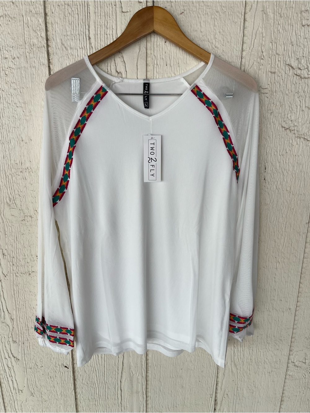 Two2Fly White Long-Sleeve Mesh Top with Multicolor Trim Size L